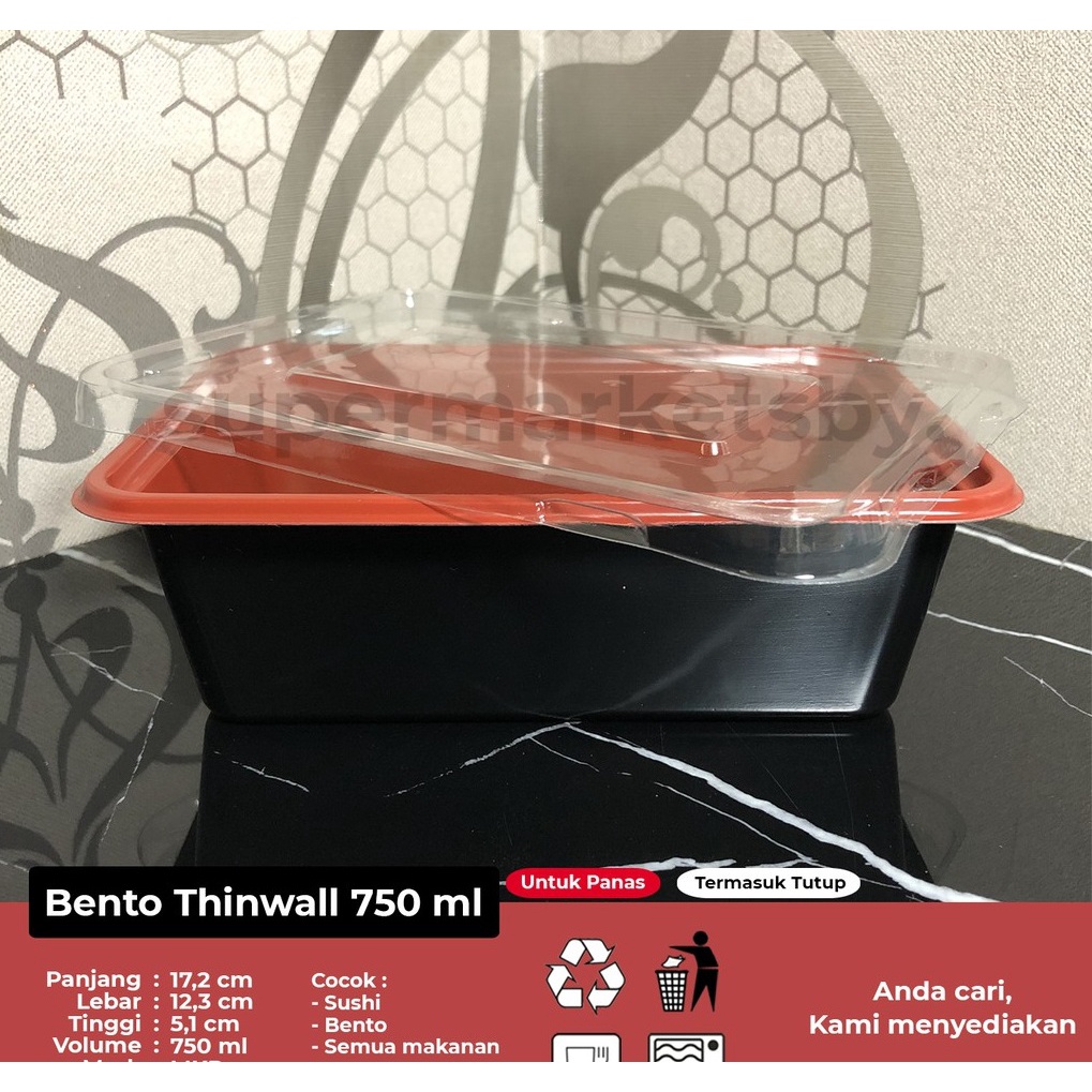 Mika Bento Thinwall 750ml +Tutup@25pcs / Kotak Makan Plastik Tanpa Sekat