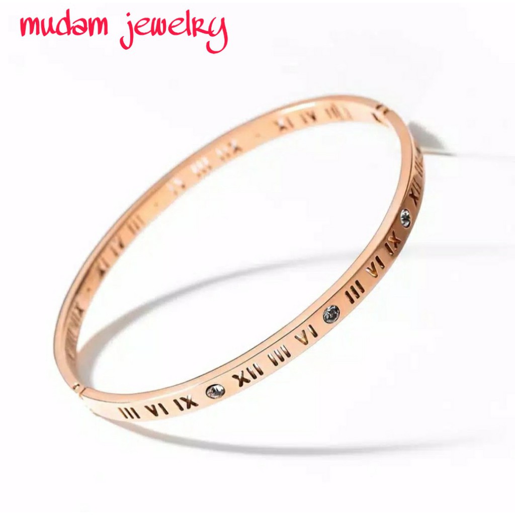 Gelang Titanium Roman Numeric Micro Kristal Rose Gold, Gold dan Silver