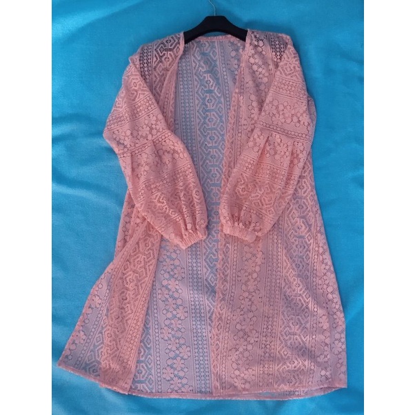 Cardigan Brokat Lengan Balon/Kardigan Burkat/Kardi Brukat/Outer Long Cardi-peach