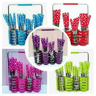 Sendok Set Polkadot Isi 24 Motif Warna Tempat Plastik Sendok dan garpu Makan Set