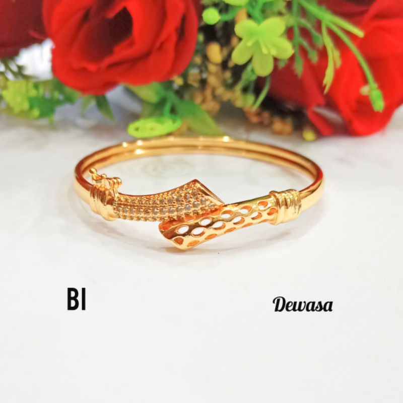 Gelang Bangkok Dewasa Permata Zircon Buka Samping Perhiasan Wanita Gold Modern (COD)