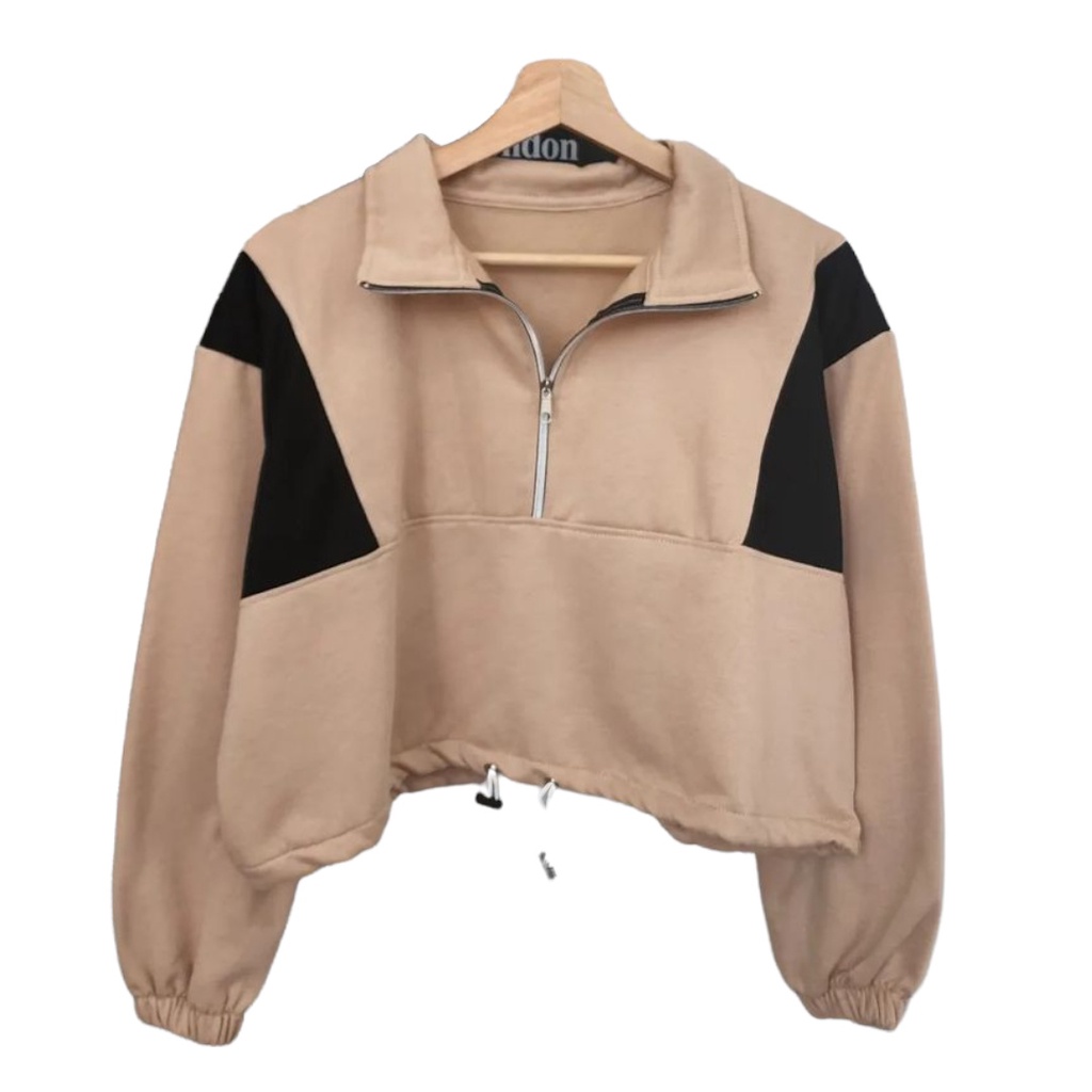 INDIE CROOPE Sweater Zipper Kerah Tinggi | 2 Tone Jacket Wanita Terbaru Stylish Desain Modern Fashion Kekinian