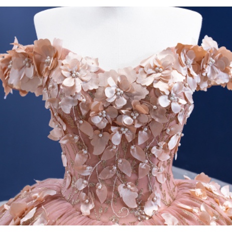 FLOWER  ROSE GOLD OFF SHOULDER BALLGOWN EMBROIDERY WEDDING EVENING DRESS