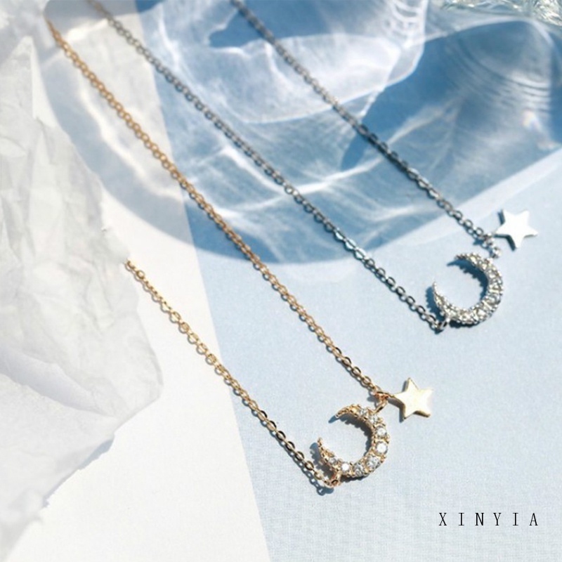 Kalung Rantai Sterling Silver Dengan Liontin Bulan + Bintang Untuk Wanita