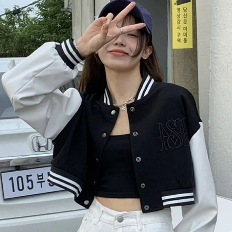 MISS BISBOL CROP BORDIR JAKET CEWE - BASEBALL BW JAKET VARSITY CROP FLEECE