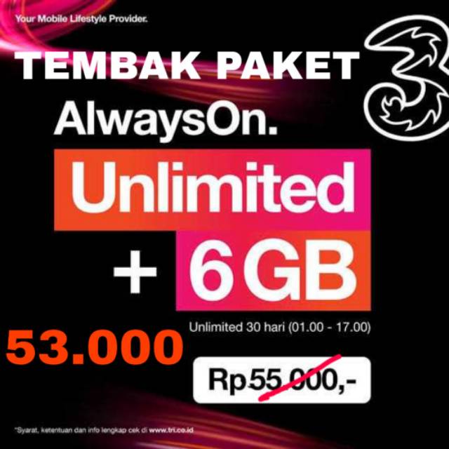 Paket Data Kuota Nasional Isi Ulang Internet Tri Unlimited 6gb Aon Unlimited 10gb Shopee Indonesia