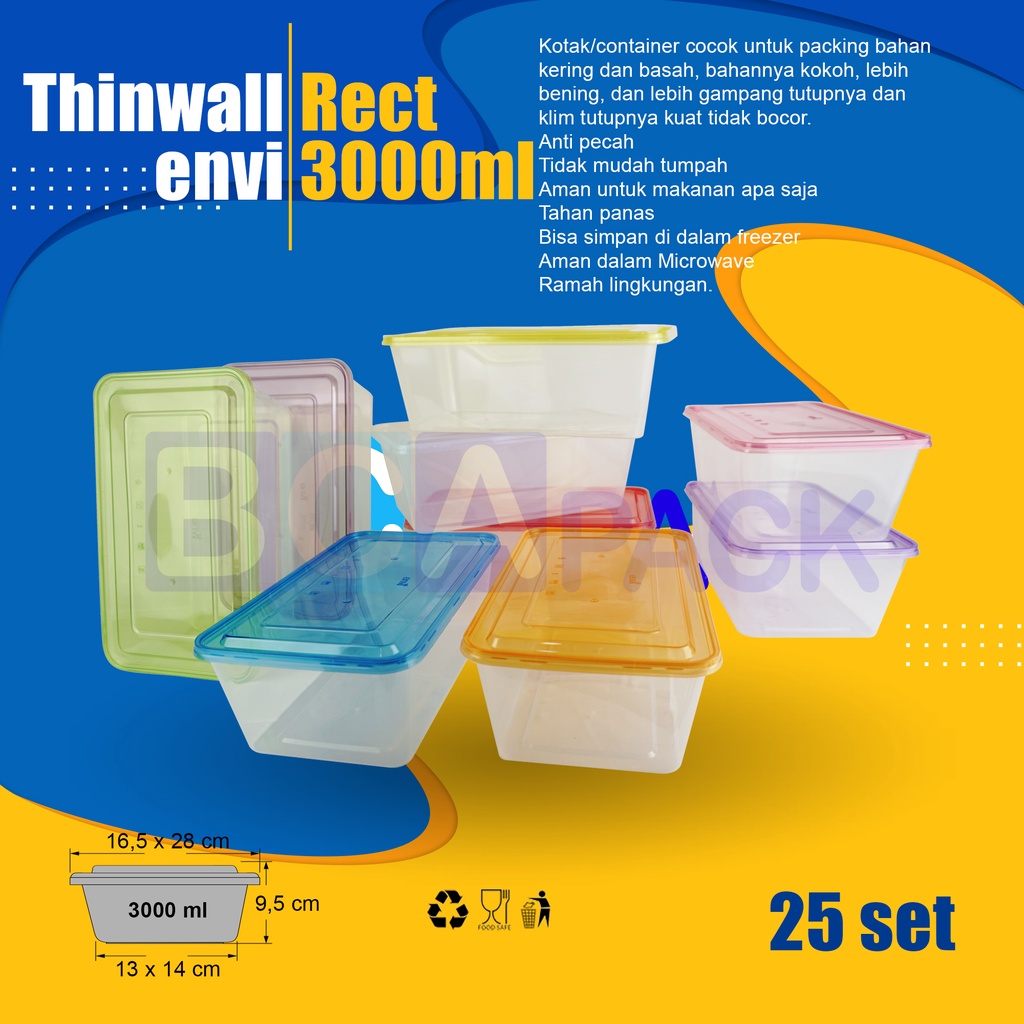 Thinwall Premium Warna 3000ml Rect ( 3000 ml ) kotak makan isi 25 set