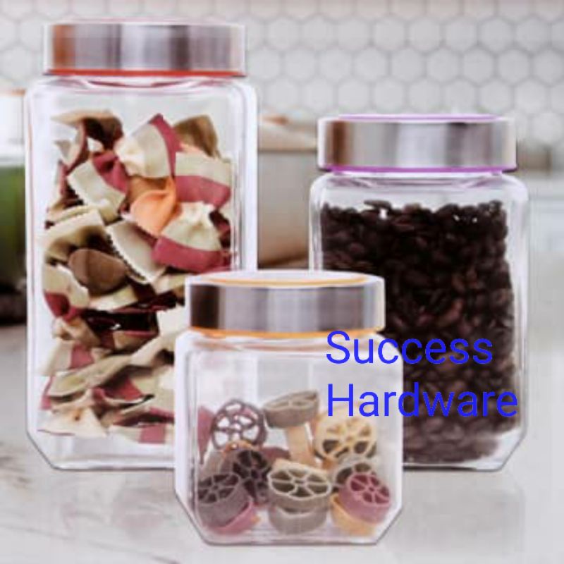 SET 3 PCS TOPLES KRISHOME GLASS STORAGE JAR SET ASSORTED STOPLES KACA
