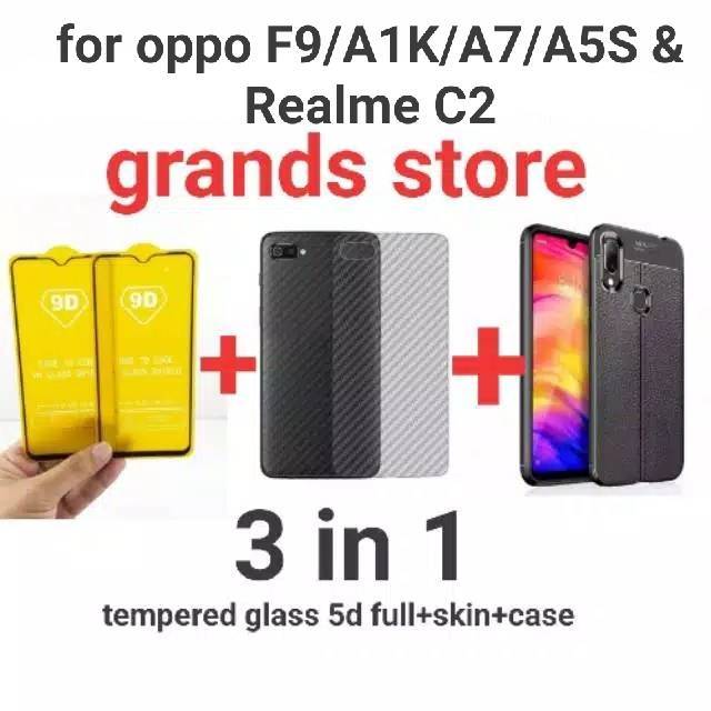 (3in1)Tempered glass Full+skin carbon+case autofocus oppo A3S/A5S/A1K/A7/F9/F11/F11pro&amp;realmeC1/C2C3