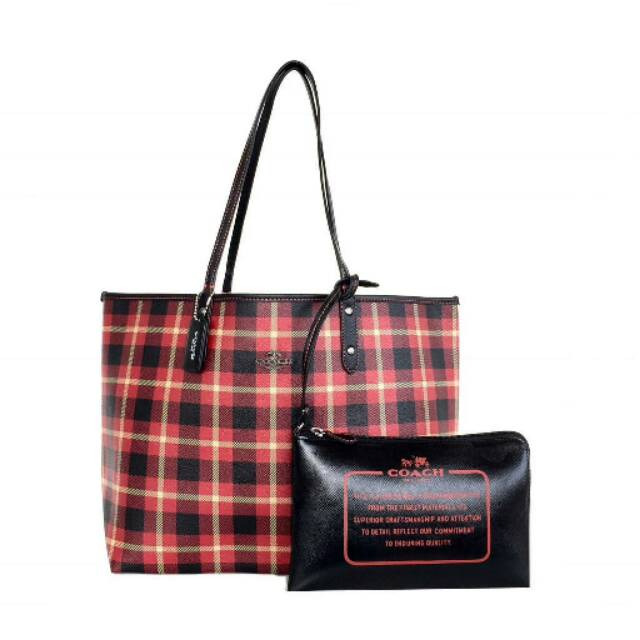 Coach Reversible City Tote In Riley Plaid red merah maroon totebag original ori authentic