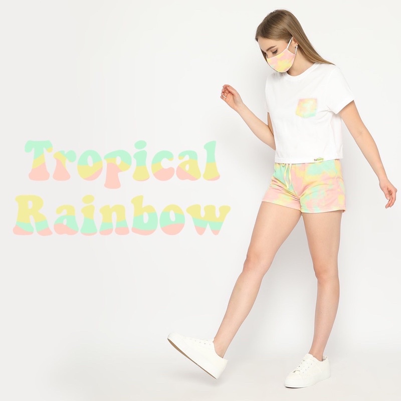 TROPICAL RAINBOW TIE DYE Setelan one set baju santai Kaos oblong semi crop top Lengan Pendek & Celan