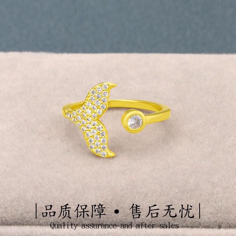 Cincin Emas Asli Kadar 375 Model Terbuka Desain Ekor Mermaid Aksen Berlian Gaya Korea