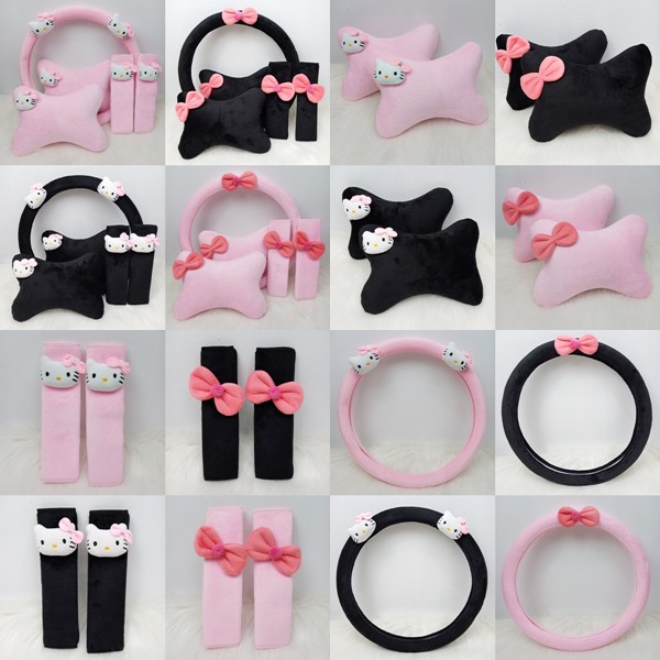 Sarung Cover Stir Setir Mobil Safetybelt Sabuk Bantal Headrest Full Set Hello Kitty HK n RIBBON