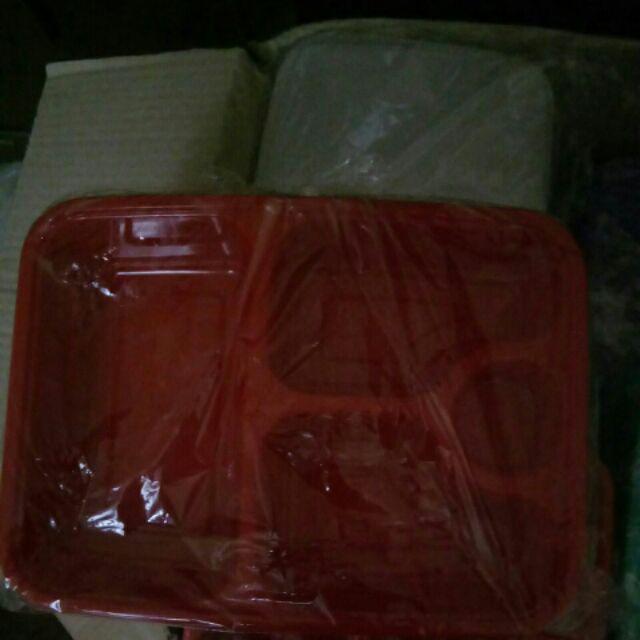 Set Lunch Box Sekat 4 + Tutup & Sendok Makan Merek Fim  ( Merah  )
