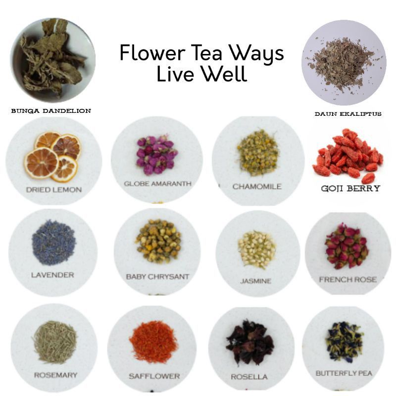 

Teh Bunga Lavender Chamomile Telang Amarant Lemon Kering Dandalion Rose Goji Berry