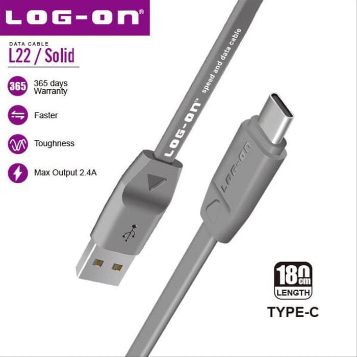 KABEL DATA LO-L22 SAFE AND SPEED TYPE C USB CABLE - 180 CM FLAT SERIES 2.4A LOG-ON