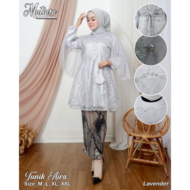 Zaja - Baju Set Tunik Aira Rempel Payet Dada &amp; Free Masker + Full Inner Cavali / Stelan Kebaya Modern Terbaru / One Set Baju Wisuda Dan Pesta Cantik Tulle Bordir Twotone / Pakian Baju Seragaman Keluarga Cewek