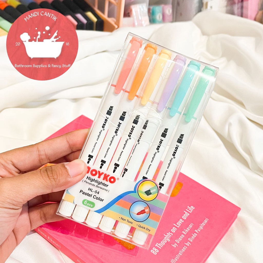 

Joyko Highlighter Pastel set isi 6 pcs HL54 warna warni colorful tosca baby blue pink yellow orange peach penanda tulisan Spidol