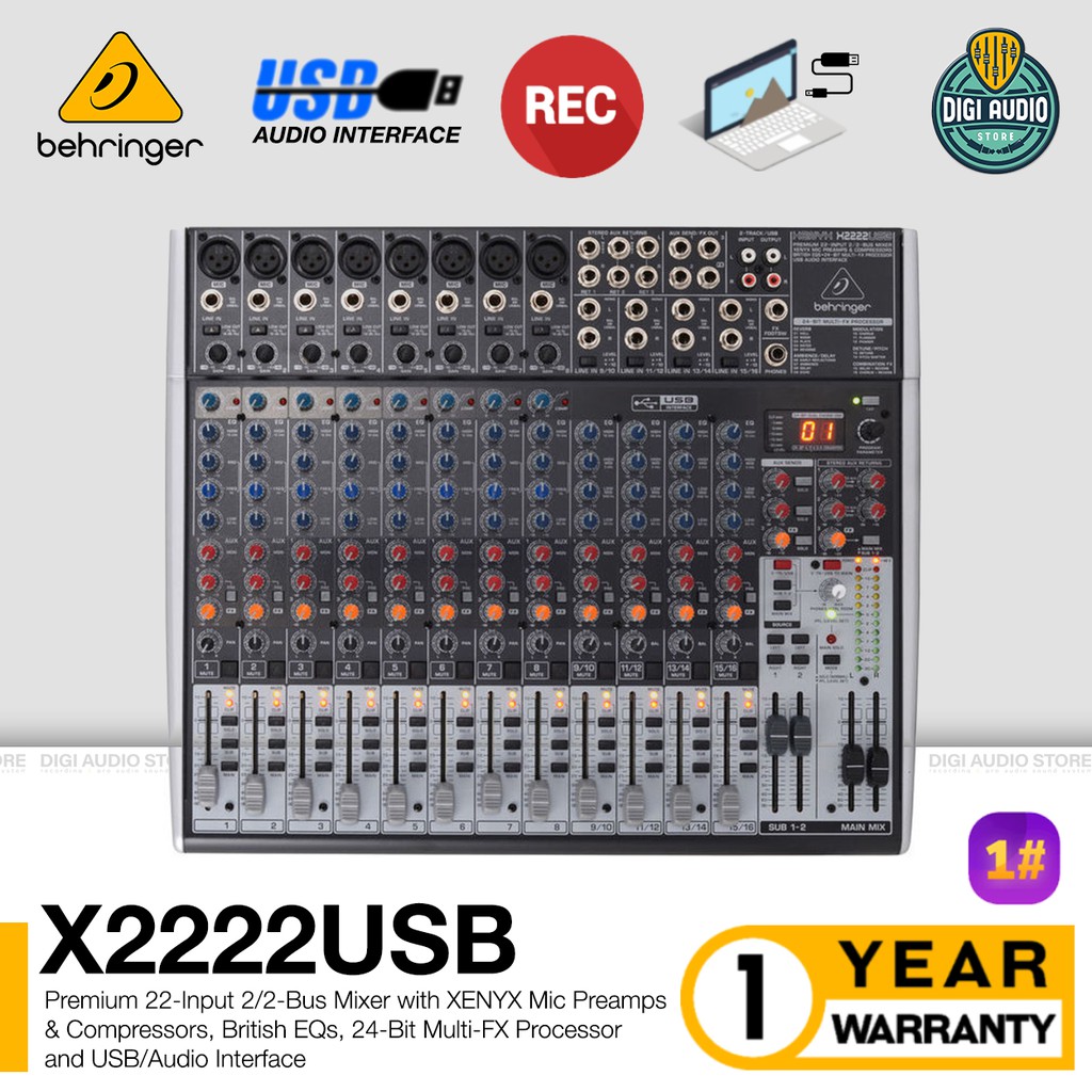 Audio Mixer 12 Channel Behringer Xenyx X2222USB with USB Audio Interface Soundcard Recording X 2222