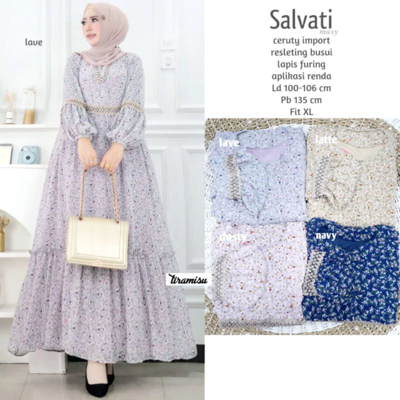 Salvati Gamis Mewah Motif Bunga-bunga Kekinian Best Seller.Gamis Realpict Bahan Ceruty High Quality