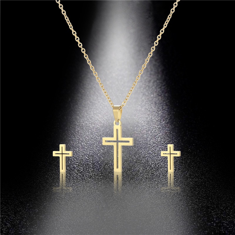 Enxi Jewelry Set Kalung Antting Titanium Anti Karat Wanita Liontin salib Perhiasan Aksesoris 1228S05