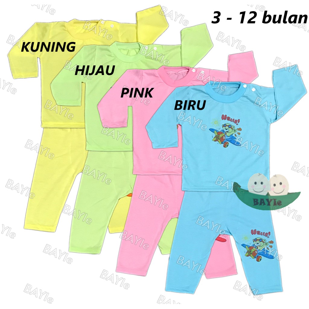 BAYIe - Setelan Kaos Oblong Bayi / Anak Lengan PANJANG Motif HELLO MF umur 3 - 12 bulan