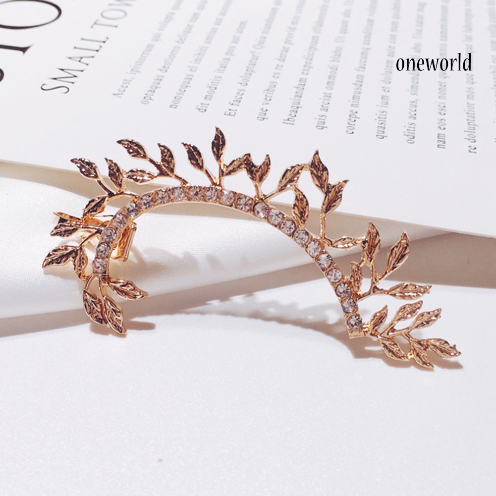 OW@ 1Pc Vintage Leaf Curved Full Rhinestone Ear Cuff Women Clip On Earrings Jewelry