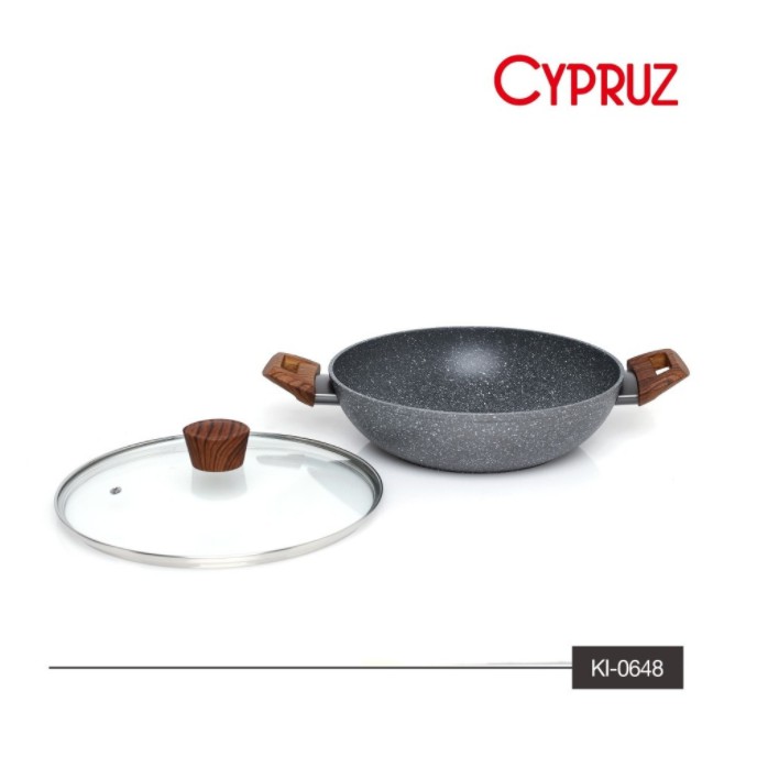 Wajan Kuali Marble Wok Induksi + Tutup Kaca 26cm - Cypruz