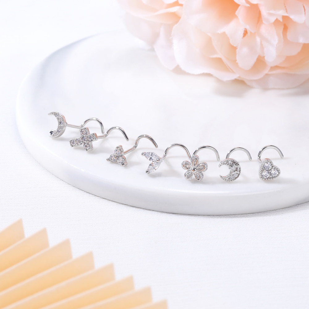 1pc Anting Tindik Hidung Bentuk Bulan Hati Bahan Stainless Steel Hias Kristal Zircon