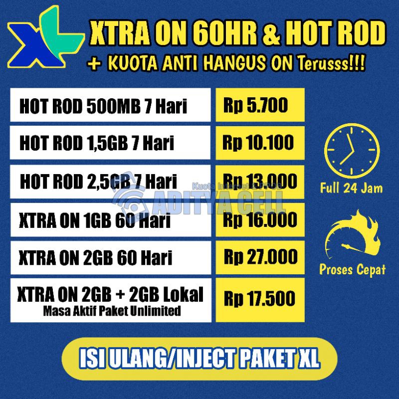 Paket Internet Kuota XL XTRA ON 60HR / HOTROD Full 24 Jam