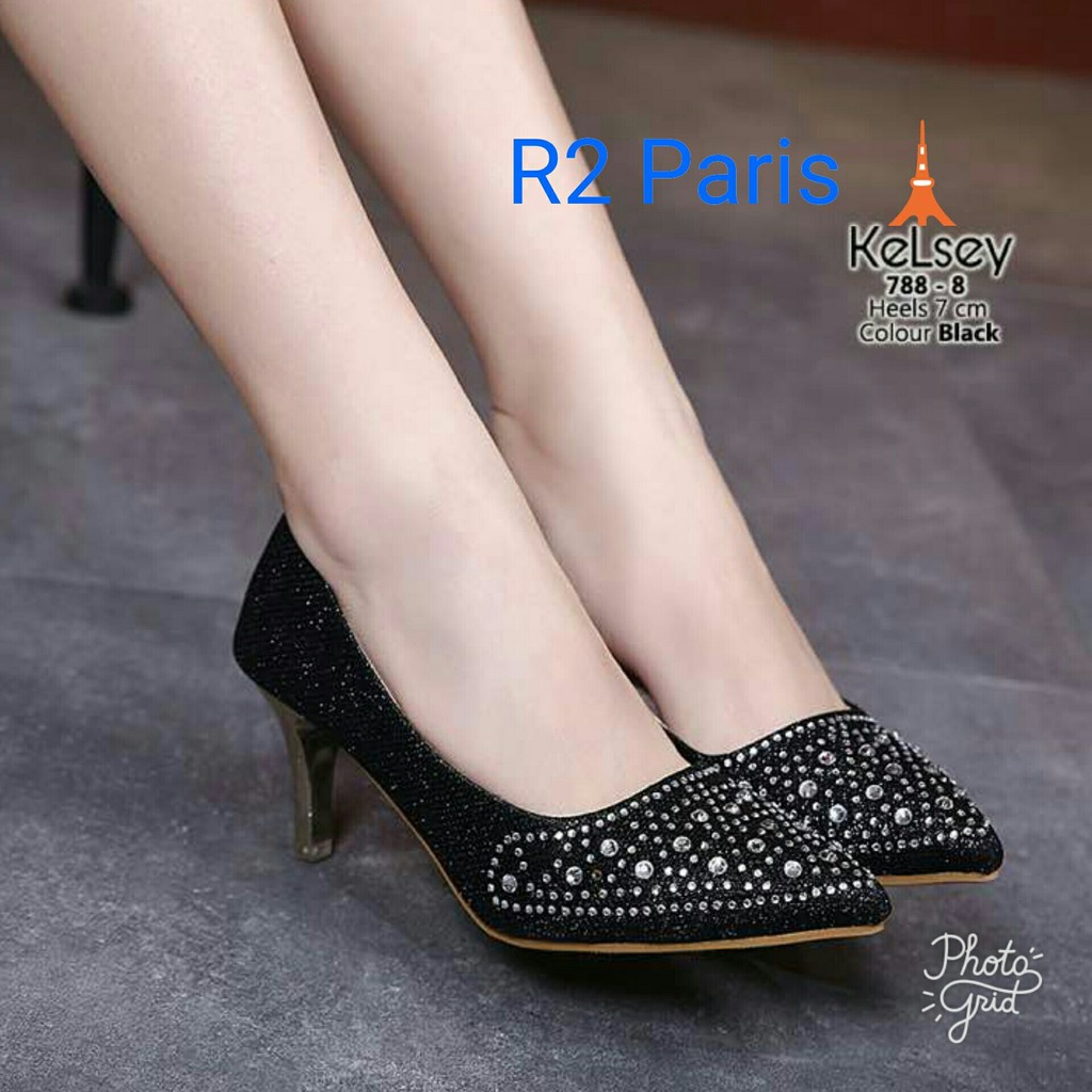 Sepatu High Heels Wanita Kelsey Glitter Permata Hak 7cm Hitam. Silver