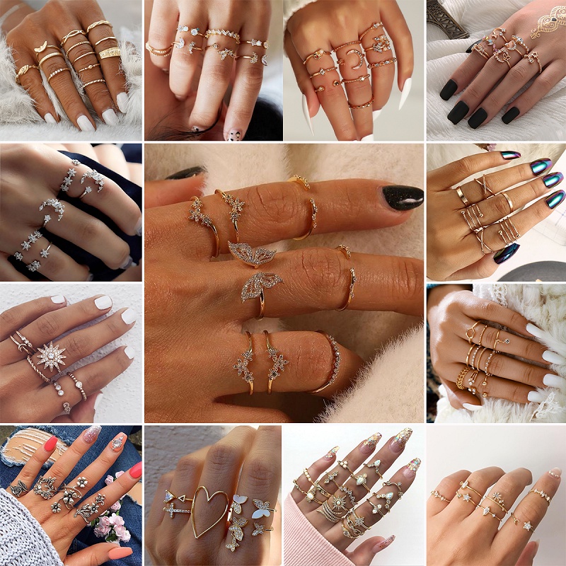 5 / 6Pcs / Set Cincin Knuckle Desain Bintang Bulan Kupu-Kupu Micro Diamond Gaya Boho Untuk Aksesoris