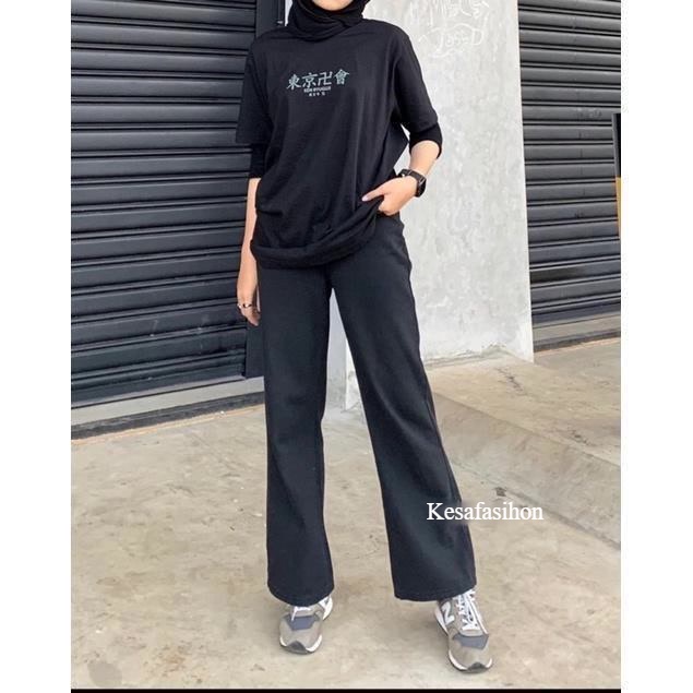 Highwaist Kulot Jeans Wanita Loose BLACK