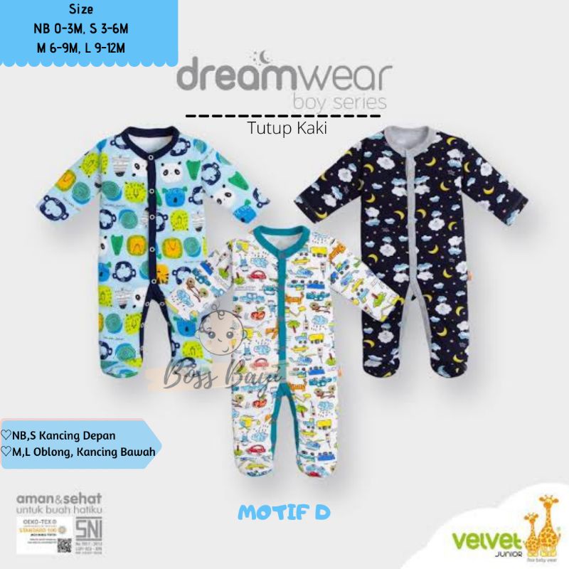 VELVET JUNIOR Dreamwear sleepsuit kancing depan/oblong kancing bawah tutup kaki NB,SML