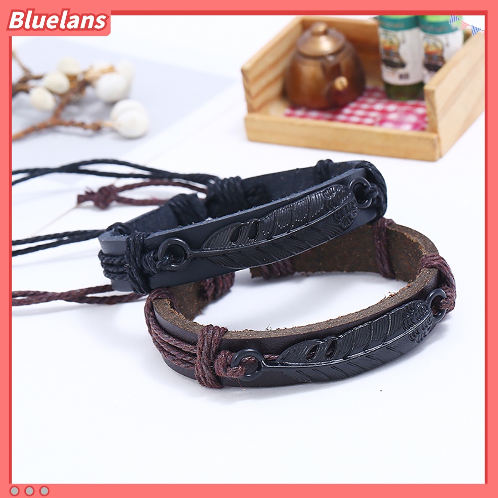 Bluelans Men Faux Leather Feather Adjustable Rope Braided Bracelet Wristband Jewelry