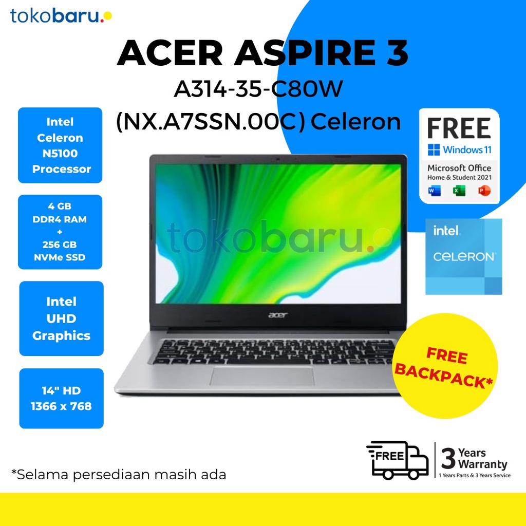 Acer Aspire 3 SLIM A314-35-C80W N5100 4GB 256SSD 14HD W11+ OHS 2021 Garansi Resmi