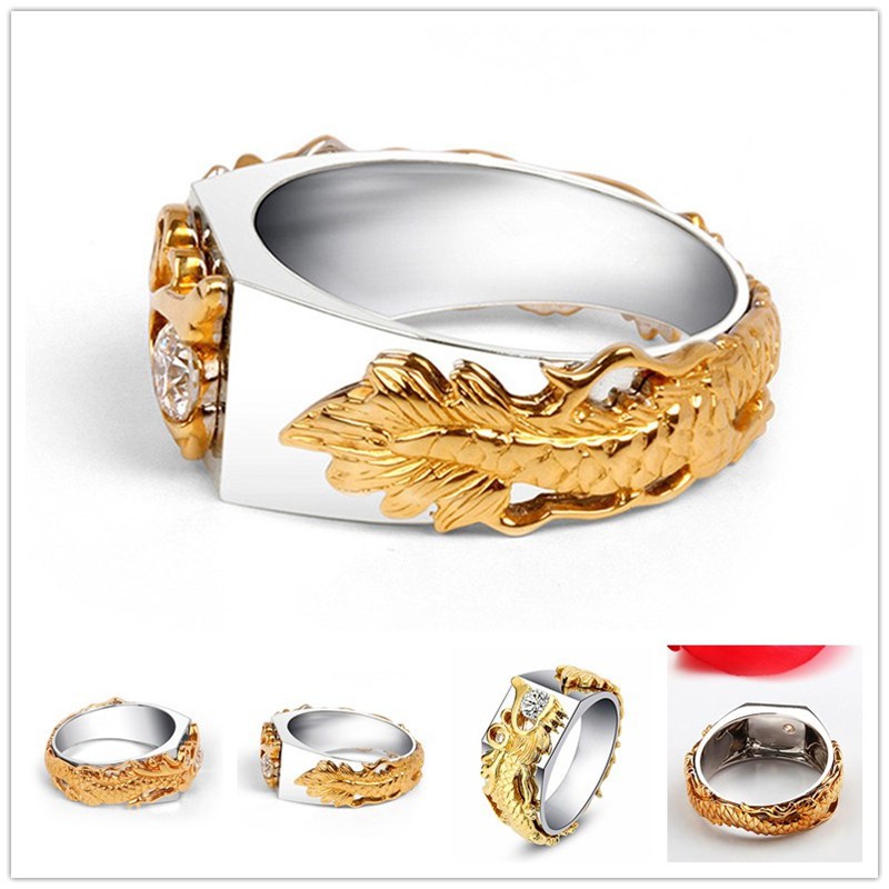 Cincin Motif Naga Warna Gold untuk Pria/Men's Sliver Domineering Dragon Rings