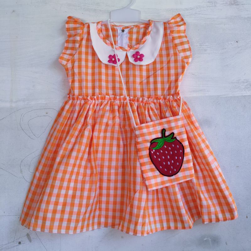 Dress anak 1 2 tahun motif kotak bonus tas baju anak cewek gaun anak perempuan ( dress kotakia tas )