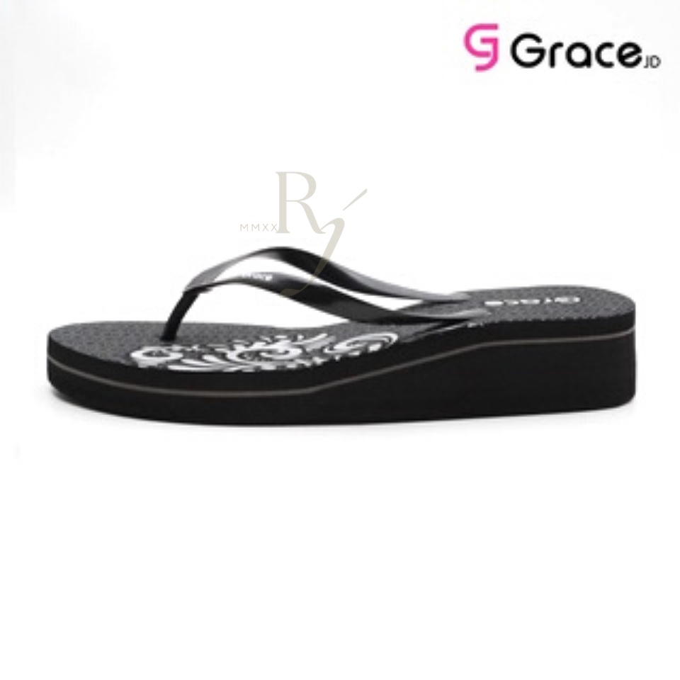 GRACE [FLORA] Sandal Jepit Wedges Hak Spon Hitam/ Sendal Jepit Simple Wanita Helen