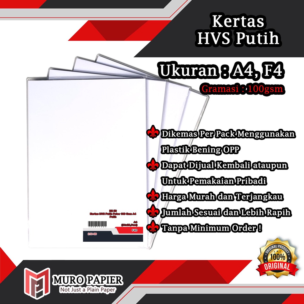 

( PER PAK - ISI 50 ) Kertas HVS Putih Polos 100 gsm A4 F4 - by Muro Papier
