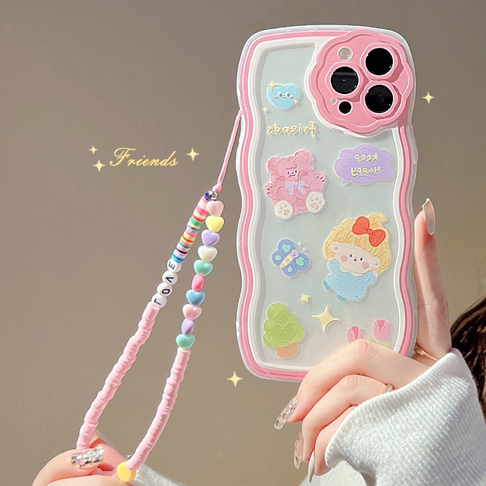 IPHONE Pink Kartun Gadis Dan Beruang Berbentuk Bunga Kamera Pelindung Lensa Ponsel Case Cover Dengan Manik-Manik Rantai Untuk Iphone7 8 PLUS X XR XS 11 12 13 14 PRO MAX SE 2020