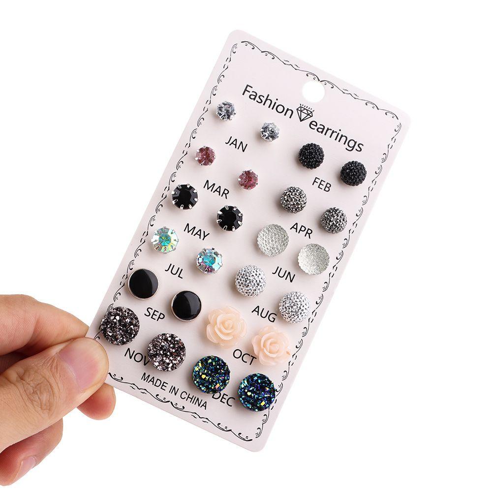 R-flower Stud Earring Berlian Imitasi Fashion Hadiah 12pasang