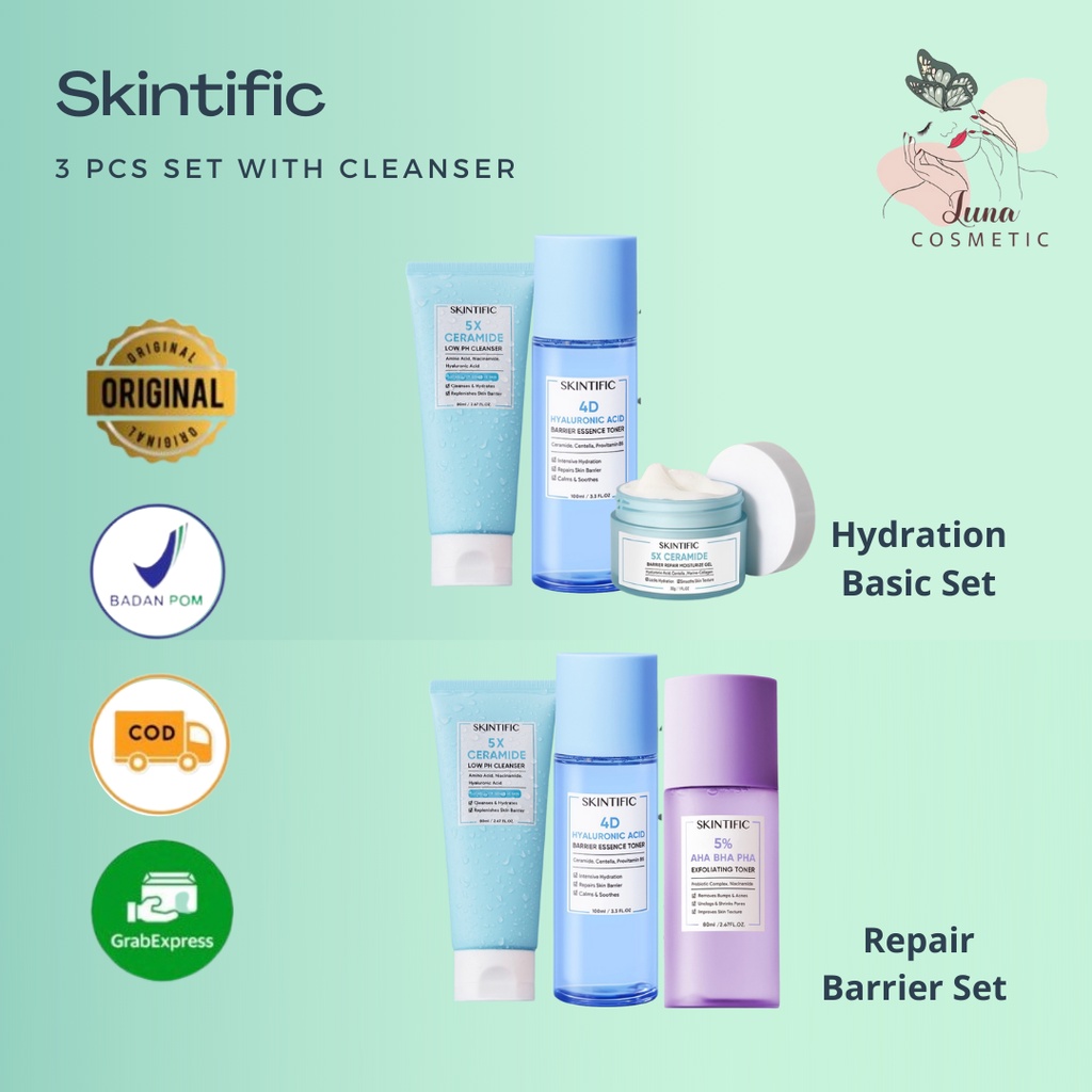 SKINTIFIC 3 pcs set with cleanser - 5X Ceramide Low pH Cleanser &amp; 4D Hyaluronic Acid (HA) Barrier Essence Toner &amp; Barrier Repair Moisturizer