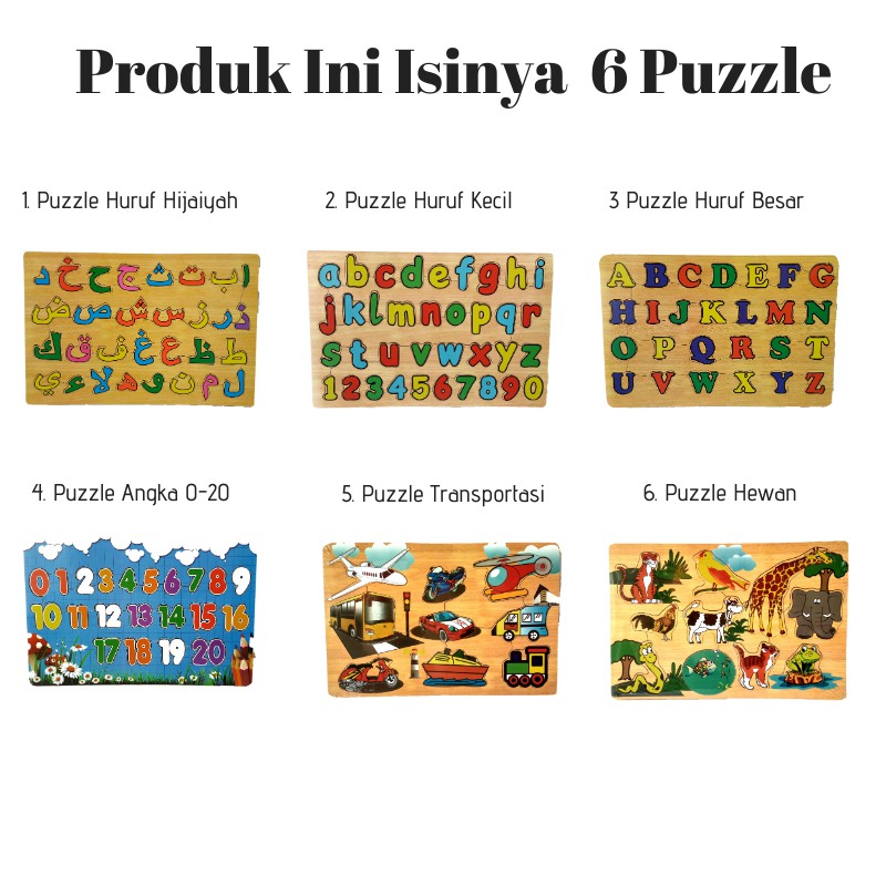 Rapid Toys Isi 6/ Paket Puzzle Kayu Edukasi Murah / Huruf Hijaiyah Besar Kecil Angka Hewan Transport