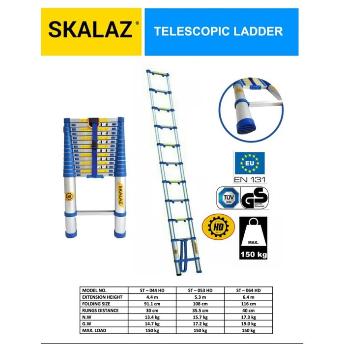 Tangga Lipat Aluminium Teleskopik Single 6.4M Merk Skalaz Heavy Duty