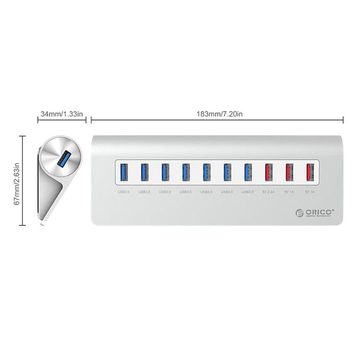 ORICO M3H73P Aluminum 7 Port USB3.0 Hub with 3 Charging Port