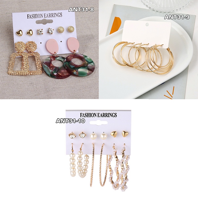(6Pasang 1set) Anting Wanita korea/ Set anting fashion korea Tusuk Gantung Desain Geometri Hias Rumbai Alloy IMPORT Wanita korea ANT31-4