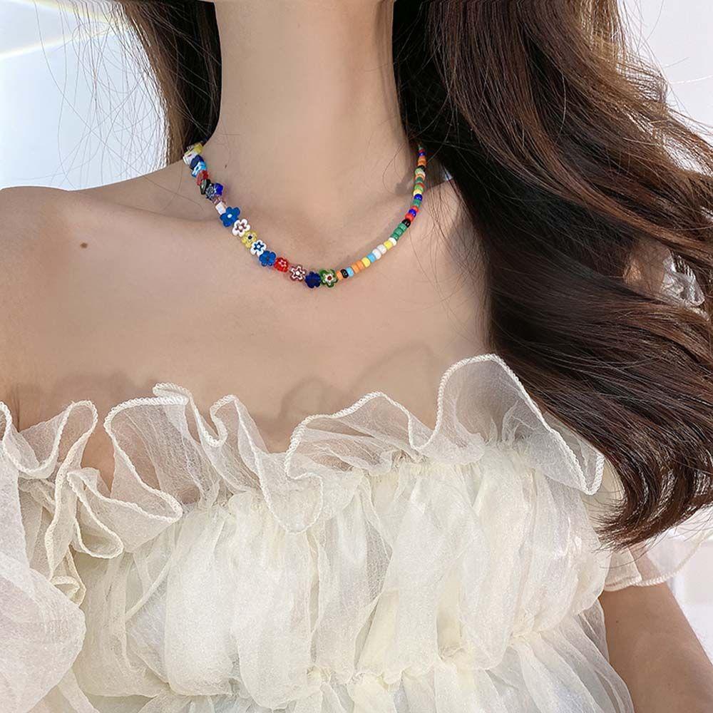 Mxbeauty Bohemian Kalung Gadis Vintage Kaca Rantai Klavikula Gaya Etnik Gaya Korea Kalung Musim Panas Manik-Manik Warna-Warni Kalung Manik Padi