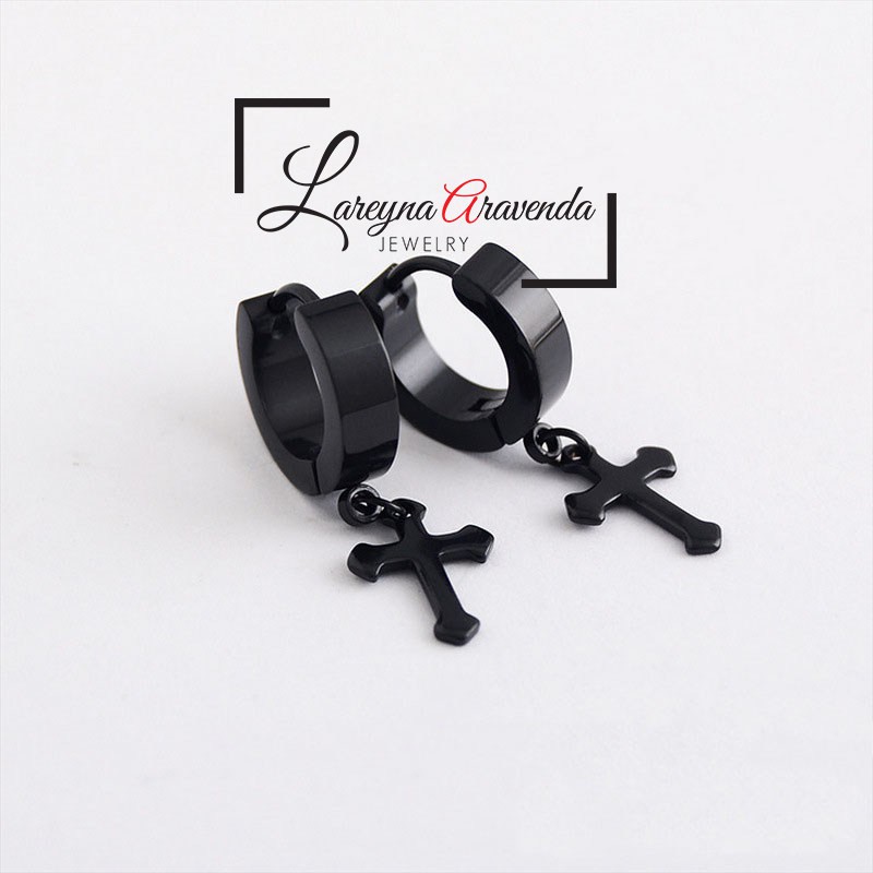 Anting Unisex Titanium Asli Model Salib Gantung ET003