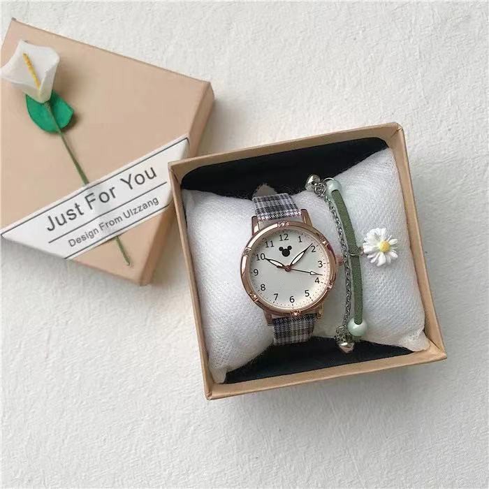 Jam Tangan Analog Wanita Strap Pu Kotak-Kotak Motif Mickey Gaya Korea Fashion Import-41-3 Abu-Abu